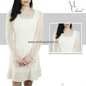 Váy Dạ Trắng Tay Voan Đính Ngọc