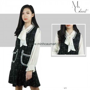Set Váy Dạ Áo Voan Tay Màu Đen