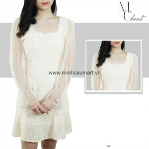 Váy Dạ Trắng Tay Voan Đính Ngọc
