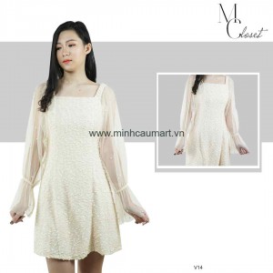 Váy Dạ Tay Trắng sữa Voan Đính Ngọc